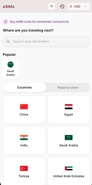 Sakuro app eSIM screen showing destination search and supported countries