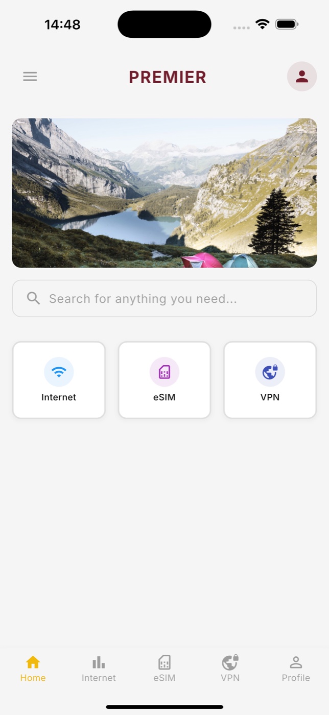 Sakuro app home screen with Internet, eSIM and VPN services