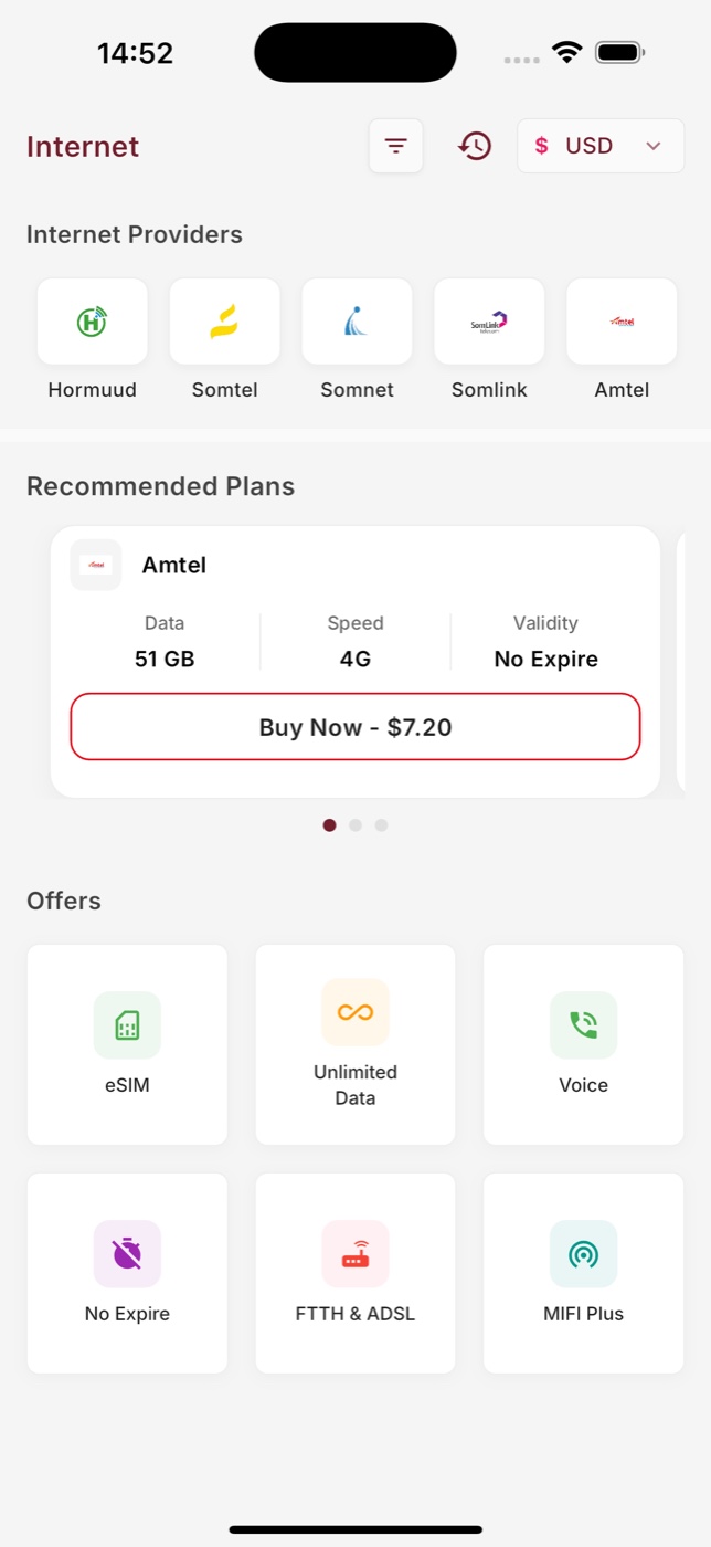 Sakuro app Internet screen showing providers and recommended plans