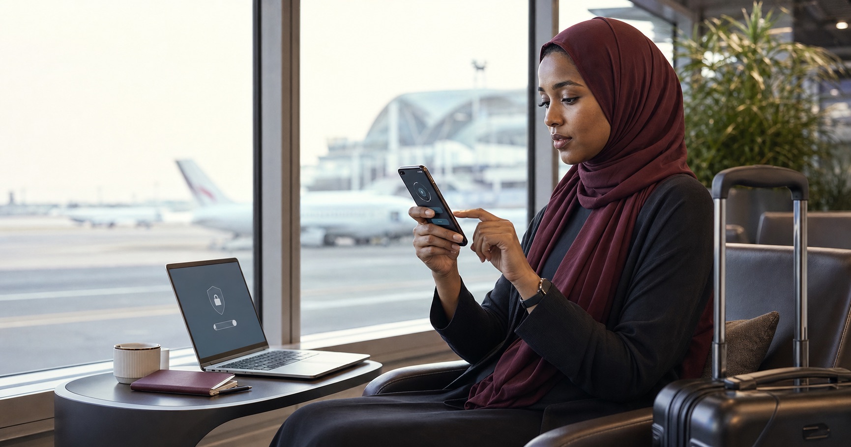 A traveller setting up mobile connectivity beside a securely connected laptop