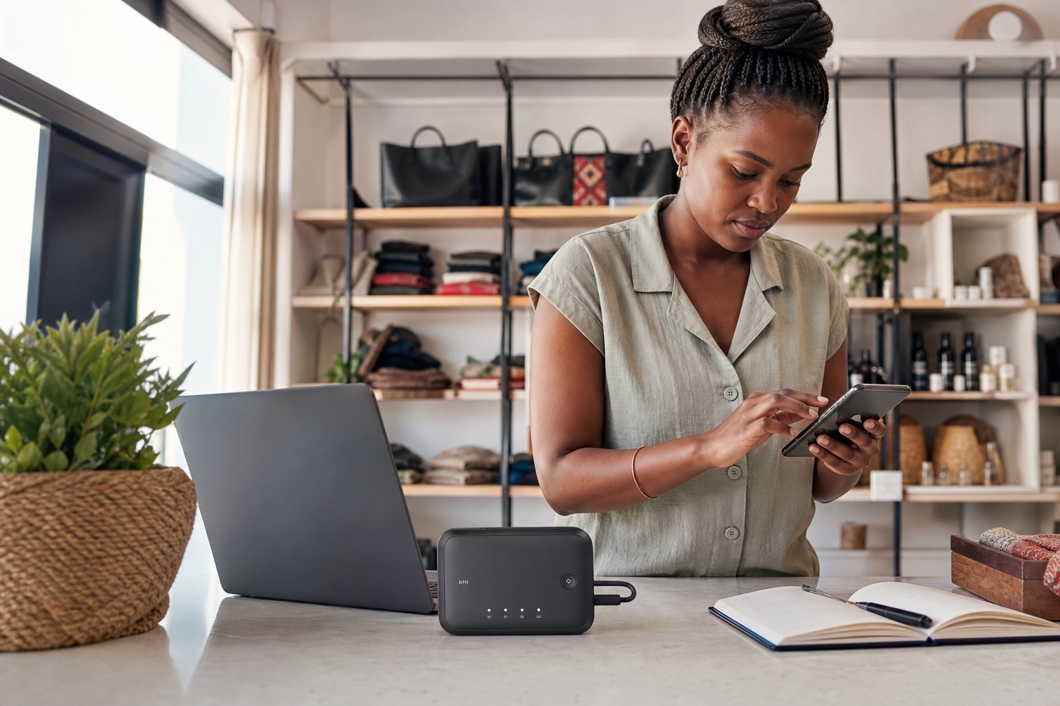 A local business owner connecting a laptop through mobile Internet