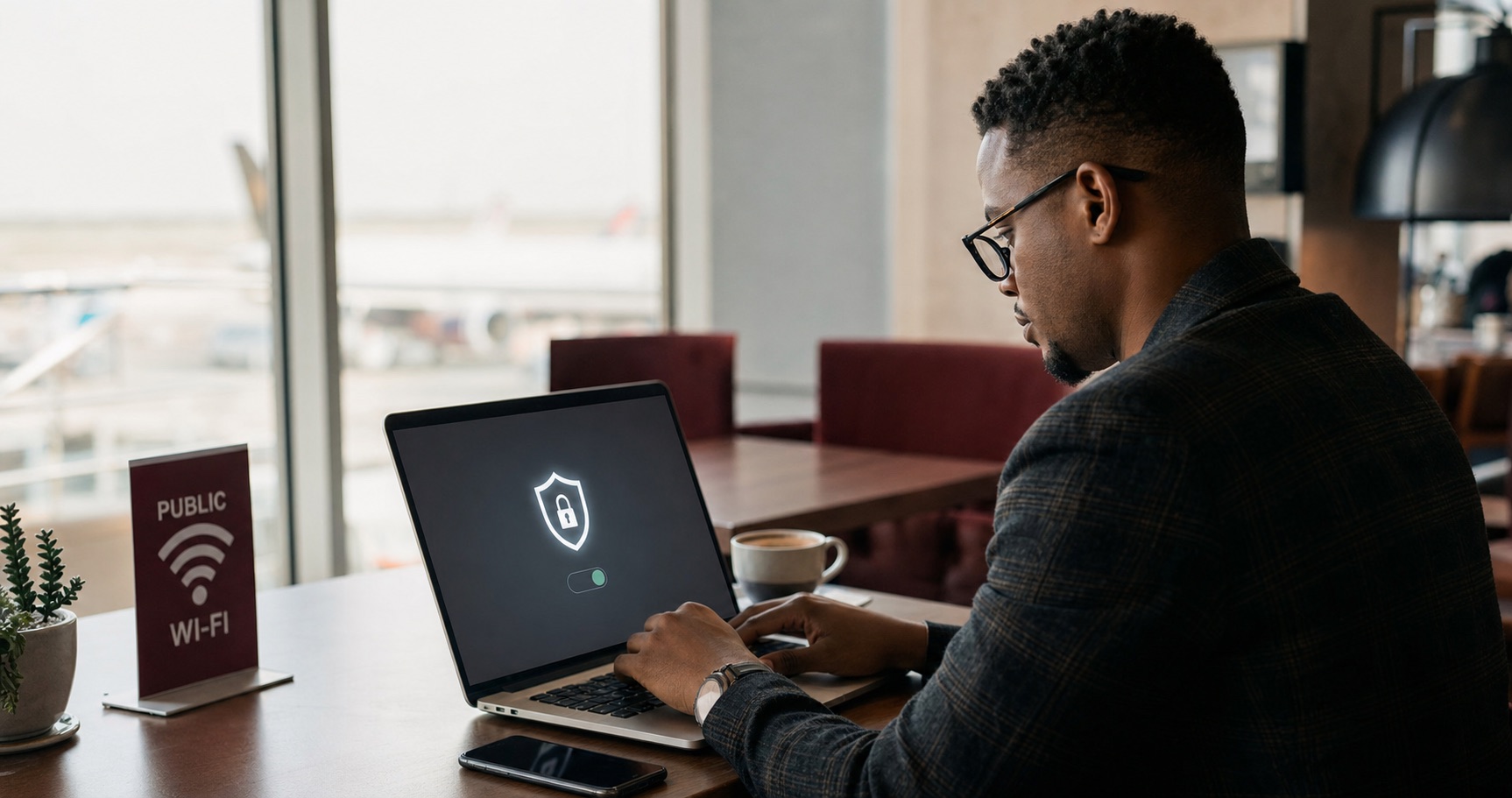 A professional protecting a laptop connection on public Wi-Fi